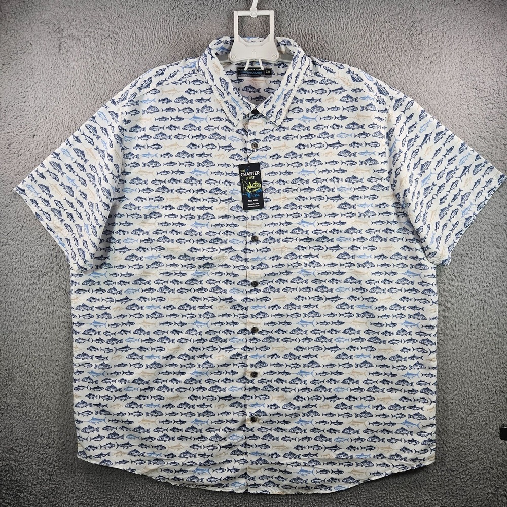 NEW Roundtree & Yorke Performance Shirt Men 3XT Short Sleeve Fishes Print White - Picture 1 of 10